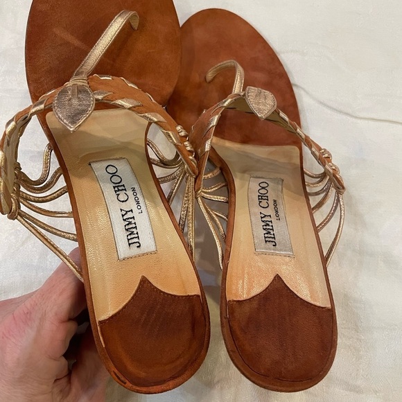 Jimmy Choo Sandals low kitten heel thong open back brown leather designer - Picture 7 of 10